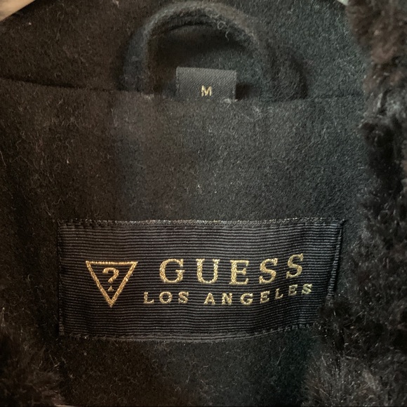 Black faux fur asymmetric moto jacket style wool winter coat overcoat - Picture 5 of 11